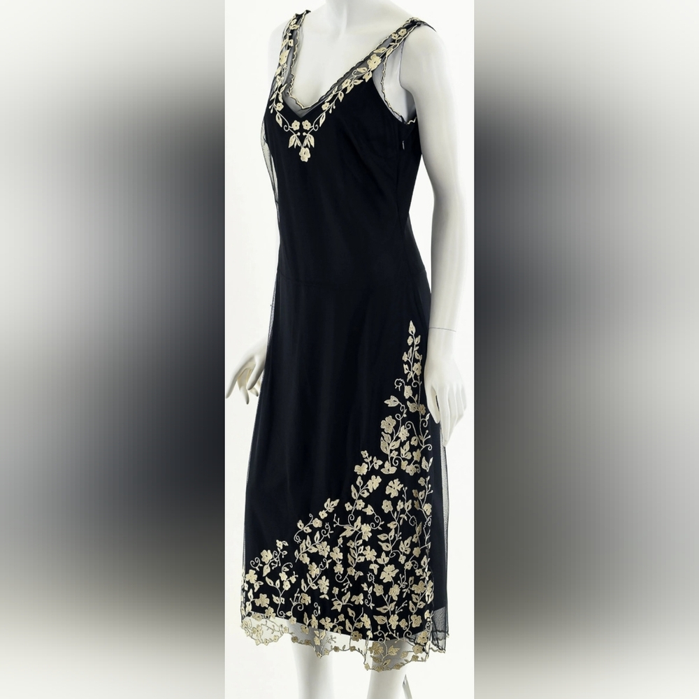 Newport News Black Midi Dress,  Embroidery Dress,Sheer Mesh.  48". Size Small